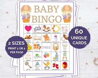 60 Baby  Bingo Cards, Baby Shower Game, Baby Bingo, Baby Shower Bingo, Printable Baby Bingo, Baby Shower, Neutral Baby Bingo for Boys Girls