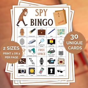 May include: A Spy Bingo game card featuring a detective illustration, the text SPY BINGO, and a Top Secret folder. The grid contains icons for a trench coat, flashlight, briefcase, pen, map, fingerprint, flash drive, magnifying glass, computer, bullseye, notepad, listening device, night vision goggles, lock, clues, footprints, watch, video camera, secret message, camera, safe, voice recorder, keyhole, and glasses.