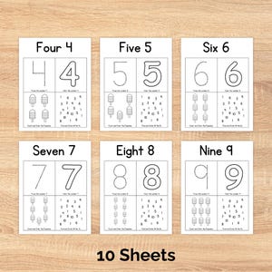 Pu&ograve; includere: Un set di dieci fogli di lavoro educativi bianchi con i numeri da 4 a 9. Ogni foglio presenta un numero, esercizi di tracciatura e attivit&agrave; di conteggio con illustrazioni di ghiaccioli. Il testo "10 Sheets" &egrave; in basso.