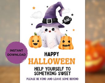 May include: A Halloween-themed digital print featuring a friendly ghost wearing a purple witch hat, flanked by two orange jack-o'-lanterns. The print includes the text "Happy Halloween" and other festive phrases. A purple circle with the words "Instant Download" is in the corner.