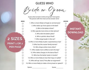 Guess Who Bride or Groom Game, Printable Bridal Shower Game, Wedding Shower Activity, Funny Bride Groom Quiz, Couples Party, Bridal Shower