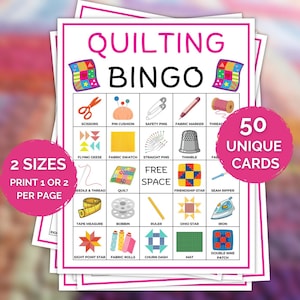 May include: A stack of quilting bingo cards with a pink and white design. The cards feature illustrations of quilting tools and patterns, with text that reads "Quilting Bingo" and "50 Unique Cards". The cards are available in two sizes.