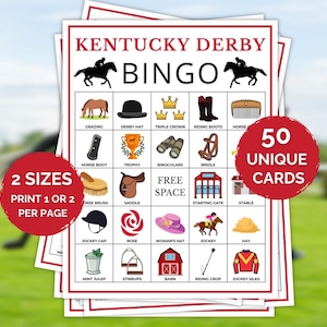 Peut inclure: Cartes de Bingo Kentucky Derby empilées, avec des images de chevaux, de chapeaux et d'autres éléments. Le texte sur les cartes comprend "Kentucky Derby Bingo" et "50 cartes uniques". Les cartes sont imprimées en deux tailles.