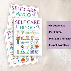 Puede incluir: Tres hojas de juego de bingo "Self Care" imprimibles con acentos de lavanda. Las hojas presentan una cuadr&iacute;cula de actividades de autocuidado y el texto "Self Care Bingo". El texto adicional incluye "US Letter Size", "PDF Format", "Print 1 or 2 Per Page" e "Instant Download".