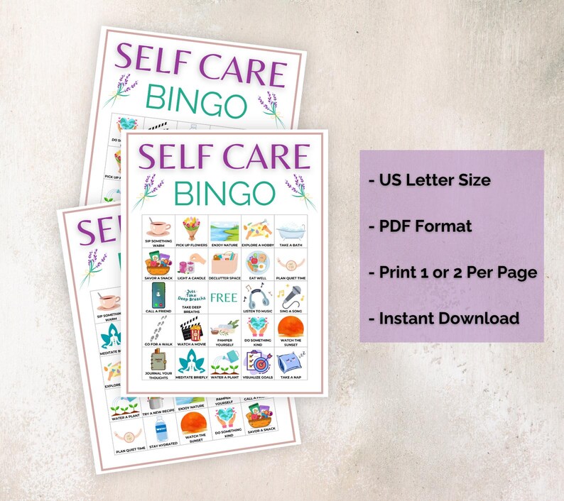 Puede incluir: Tres hojas de juego de bingo "Self Care" imprimibles con acentos de lavanda. Las hojas presentan una cuadr&iacute;cula de actividades de autocuidado y el texto "Self Care Bingo". El texto adicional incluye "US Letter Size", "PDF Format", "Print 1 or 2 Per Page" e "Instant Download".