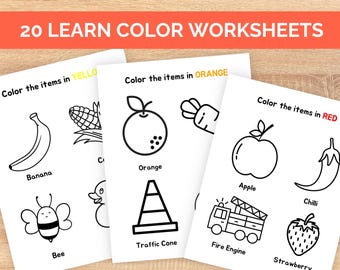 May include: Three white worksheets with black line drawings of objects to color. The worksheets are labeled "Color the items in YELLOW", "Color the items in ORANGE", and "Color the items in RED". The top banner reads "20 LEARN COLOR WORKSHEETS".