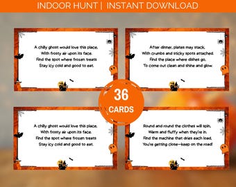 May include: A set of 36 Halloween-themed indoor scavenger hunt cards with orange borders, spider web corners, and black silhouettes of bats, ghosts, and haunted houses. Each card features a rhyming riddle printed in black text on a white background.