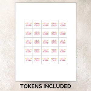 Puede incluir: Una hoja de papel blanca con una cuadr&iacute;cula de peque&ntilde;os cuadrados, cada uno con la etiqueta "SELF CARE" en texto colorido. Las palabras "TOKENS INCLUDED" est&aacute;n impresas en la parte inferior en negro.