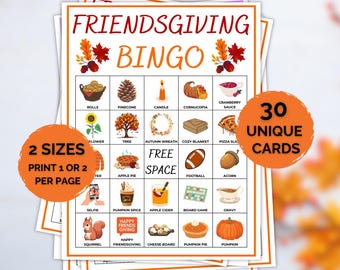Könnte beinhalten: Bingo-Spielkarten zum Thema Thanksgiving mit dem Text "FRIENDSGIVING BINGO". Die Karten zeigen Illustrationen von herbstbezogenen Gegenständen wie Kürbissen, Eicheln und Kuchen. Die Karten sind in zwei Größen mit 30 einzigartigen Karten erhältlich.