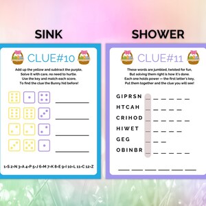 May include: Two printable Easter egg hunt clue cards with a pink and purple color scheme. The first card has a sink theme and the second card has a shower theme. Each card has a numbered clue and a word puzzle to solve.