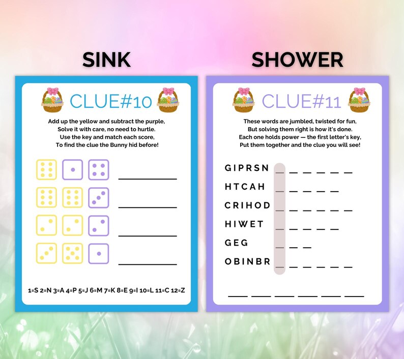 May include: Two printable Easter egg hunt clue cards with a pink and purple color scheme. The first card has a sink theme and the second card has a shower theme. Each card has a numbered clue and a word puzzle to solve.