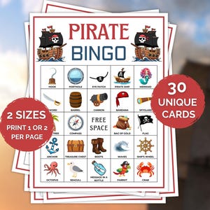 May include: A Pirate Bingo game card featuring the text PIRATE BINGO at the top, flanked by two pirate ships. The grid contains 25 squares with illustrations of pirate-themed items like a hook, porthole, eye patch, mermaid, and treasure chest.