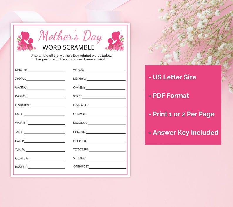Mother’s Day Word Scramble Game Printable, Mothers Day Party Game ...