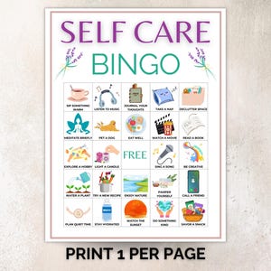 Puede incluir: Un juego de bingo de autocuidado imprimible con un esquema de color lavanda y verde. La tarjeta de bingo incluye ilustraciones y mensajes de texto para diversas actividades de autocuidado, como "Tomar algo caliente" y "Ver una pel&iacute;cula". El texto "PRINT 1 PER PAGE" est&aacute; en la parte inferior.