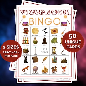 May include: A stack of Wizard School Bingo cards. The cards feature illustrations of magical items like a cauldron, potion, and crystal ball. The text on the cards includes "Wizard School Bingo", "50 Unique Cards", and "2 Sizes Print 1 or 2 per page".