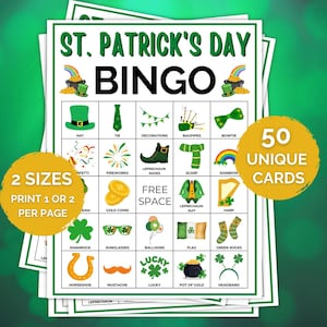 50 carte da gioco del bingo di San Patrizio, bingo di San Patrizio, gioco di San Patrizio per bambini, gioco per la festa di San Patrizio, gioco di San Patrizio