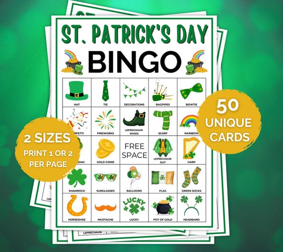 50 St. Patricks Day Bingo Cards Game, St. Patrick's Day Bingo, St.Paddy's Game for Kids, St Patrick's Day Party Game, St. Patrick's Day Game