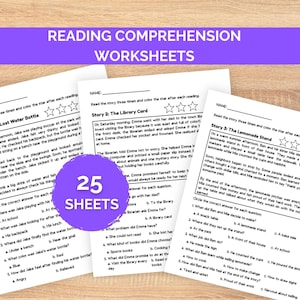 May include: Three white paper reading comprehension worksheets with black text and star icons for tracking progress. Each sheet features a story followed by multiple-choice questions. A purple circular overlay displays the text 25 SHEETS.