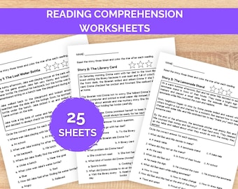 25 feuilles d'exercices de compréhension écrite pour les enfants, des passages de lecture imprimables avec des questions, des exercices d'alphabétisation, des feuilles d'exercices ELA 1re-3e années