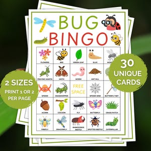 May include: A stack of Bug Bingo cards with colorful illustrations of insects and related items. The cards feature the text "BUG BINGO" at the top, with "30 UNIQUE CARDS" and "2 SIZES" printed on the side.