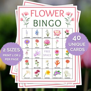 May include: A stack of flower bingo cards with a pink and white border. The cards feature a grid of flower illustrations and the text "FLOWER BINGO". The cards also have text that says "2 SIZES" and "40 UNIQUE CARDS".