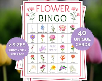 40 cartones de bingo de flores, juego de bingo de flores para niños y adultos, juego de club de jardinería, juego de bingo nupcial, juego de bingo para la fiesta del té, actividad para fiestas en el jardín