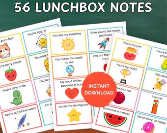 56 Printable Lunchbox Notes, Printable Lunchbox Notes for Kids, Cute Lunchbox Cards, Positive Notes, Encouragement Cards, Kindness Cards