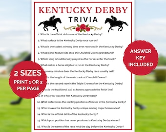 Trivia imprimible del Derby de Kentucky, Fiesta del Derby, Trivia de carreras de caballos, Actividad para fiesta del Derby de Kentucky, Juego para ver el Derby, Juego para fiesta del Derby