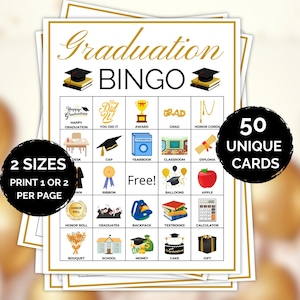 Może przedstawiać: Zestaw kart do bingo z motywem ukończenia szkoły, ze złotymi akcentami. Karty zawierają siatkę do bingo z obrazkami i tekstem związanym z ukończeniem szkoły, w tym "Graduation Bingo" i "50 Unique Cards". Dostępne w dwóch rozmiarach.