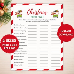 Christmas Think Fast Game, Fun Christmas Party Game, Holiday Think Quick Game, Christmas Family Game, Xmas Games, Christmas Game Printable