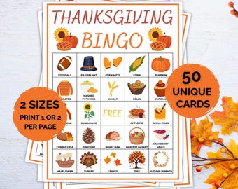 50 Thanksgiving Bingo Cards, Thanksgiving Bingo Cards, Thanksgiving Party Games, Thanksgiving Classroom Activity, Thanksgiving Bingo
