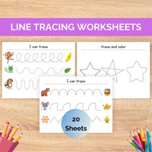 Puede incluir: Hojas de trabajo de trazado de líneas para niños. Las hojas de trabajo presentan ilustraciones de un mono, un plátano, una hoja, un perro, un oso, un ratón, una flor, un tarro de miel, una estrella y una abeja. El texto "LINE TRACING WORKSHEETS" y "I can trace" son visibles.