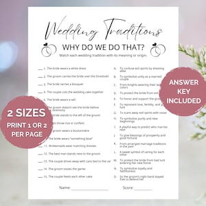 May include: A printable wedding game sheet titled "Wedding Traditions: Why Do We Do That?" with matching questions and answers. Includes a pink circle with the text "Answer Key Included" and another with "2 Sizes Print 1 or 2 per page".