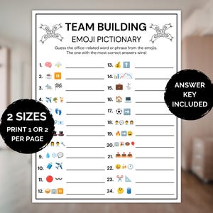 Puede incluir: Una hoja de juego de papel blanco titulada TEAM BUILDING EMOJI PICTIONARY con texto negro y dibujos lineales de manos sosteniendo piezas de rompecabezas. La hoja presenta veinticuatro líneas numeradas con secuencias de emojis.