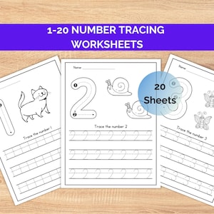 May include: Black and white printable worksheets for tracing numbers 1 through 20. The worksheets feature a cat, snail, and butterfly illustrations. The text "1-20 NUMBER TRACING WORKSHEETS" and "20 Sheets" is included on the page.
