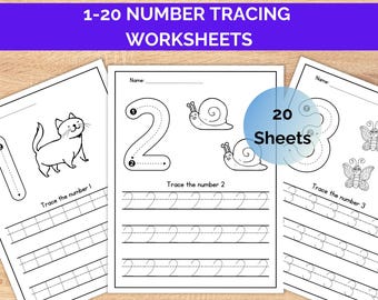 1-20 Printable Number Tracing, 20 Number Tracing Worksheets, Preschool Worksheets, Handwriting Practice, Traceable Numbers, Number Counting
