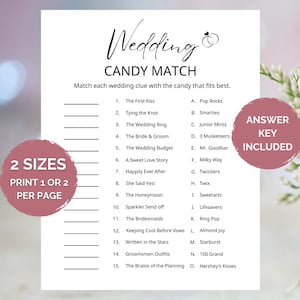 May include: A white paper wedding candy match game sheet with black text. The header reads Wedding CANDY MATCH with a ring icon. It lists 15 clues to match with candy options A through O. Two pink circular overlays state 2 SIZES PRINT 1 OR 2 PER PAGE and ANSWER KEY INCLUDED.
