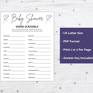 May include: A white Baby Shower Word Scramble game sheet with black text and heart icons, featuring a list of scrambled baby-related words and blank lines for answers. Beside it is a dark purple box listing US Letter Size, PDF Format, Print 1 or 2 Per Page, and Answer Key Included.