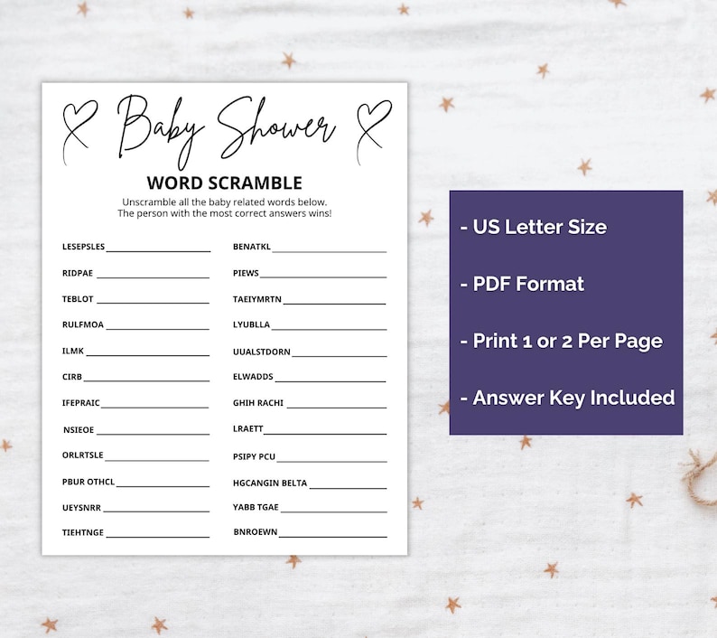 May include: A white Baby Shower Word Scramble game sheet with black text and heart icons, featuring a list of scrambled baby-related words and blank lines for answers. Beside it is a dark purple box listing US Letter Size, PDF Format, Print 1 or 2 Per Page, and Answer Key Included.