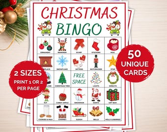 May include: Christmas Bingo game cards with festive illustrations. The cards feature images of ornaments, reindeer, and a Christmas tree. The text on the cards reads "Christmas Bingo" and "50 Unique Cards". The cards are available in 2 sizes.