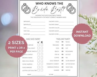May include: A black and white printable bridal shower game titled "Who Knows the Bride Best?" with fill-in-the-blank questions and a "This or That?" section. Includes two sizes, print one or two per page. Features a pink "Instant Download" circle.