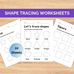 Puede incluir: Hojas de trabajo de trazado de formas con el texto "Shape Tracing Worksheets" en la parte superior. Las hojas de trabajo incluyen formas como cuadrados, estrellas, círculos y más. La imagen muestra 10 hojas de actividades de trazado.