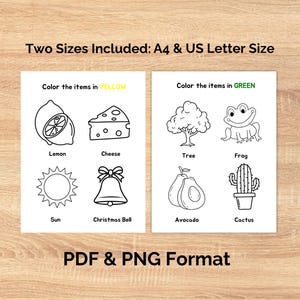 May include: Two printable coloring pages with line drawings of various objects, including a lemon, cheese, sun, Christmas bell, tree, frog, avocado, and cactus. The text reads "Color the items in YELLOW" and "Color the items in GREEN". The text also reads "Two Sizes Included: A4 & US Letter Size" and "PDF & PNG Format".