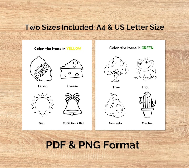 May include: Two printable coloring pages with line drawings of various objects, including a lemon, cheese, sun, Christmas bell, tree, frog, avocado, and cactus. The text reads "Color the items in YELLOW" and "Color the items in GREEN". The text also reads "Two Sizes Included: A4 & US Letter Size" and "PDF & PNG Format".