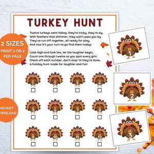 Może przedstawiać: Drukowana gra o tematyce Święta Dziękczynienia z tekstem "Turkey Hunt". Gra zawiera dwanaście ponumerowanych indyków, pola wyboru i instrukcje. Zawiera dwa rozmiary i natychmiastowe pobieranie.