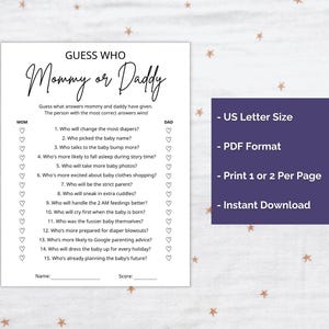 K&ouml;nnte beinhalten: Ein wei&szlig;es Spielblatt mit dem Titel Guess Who Mommy or Daddy mit f&uuml;nfzehn Fragen zur Elternschaft, Herzsymbolen zum Markieren der Antworten unter den Spalten Mom und Dad sowie einem violetten Kasten mit US Letter Size, PDF Format.