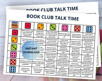 May include: A printed game board titled "Book Club Talk Time" with colorful dice and discussion prompts. The board is designed for book club meetings, with questions to spark conversation about the book.
