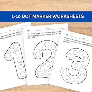 May include: Black and white printable worksheets featuring the numbers 1, 2, and 3. Each number is outlined and has a series of circles inside for dot marker activities. The text "1-10 DOT MARKER WORKSHEETS" is at the top of the page.