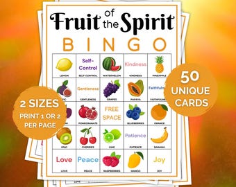 50 tarjetas de bingo del fruto del Espíritu, imprimible, juego bíblico cristiano, actividad para la escuela dominical, juego familiar de fe