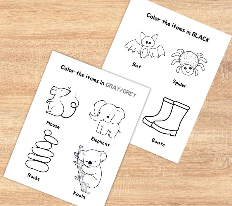 May include: Two coloring pages with black and white illustrations of a bat, spider, boots, mouse, elephant, rocks, and koala. The text on the pages reads "Color the items in BLACK" and "Color the items in GRAY/GREY".